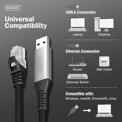 Digitus USB, USB 3.2 Gen 1 (USB 3.0) Adapterkabel [1x USB, USB 3.2 Gen 1 (USB 3.0) - 1x RJ45, RJ45-stekker] AK-300600-020-S 2 m Folie afscherming, Afscherming