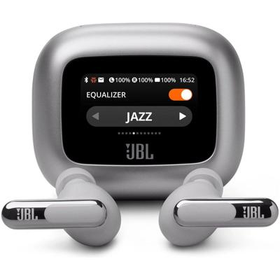 JBL Live Beam 3, Draadloze oordopjes met Bluetooth, 48 uur batterijduur, True Adaptive Noise Cancelling en Hoogwaardig JBL Signature Geluid, IP55 Waterproof, Closed-Back Stick Ontwerp, Zilver