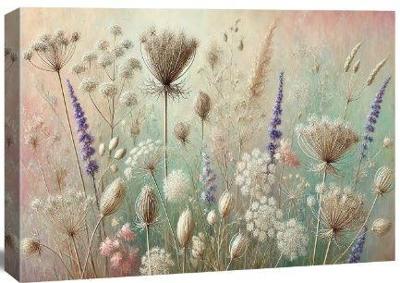 Schilderij - Wilde Bloemen ,kruid weide in pastel tinten, 80X60cm, 1luik