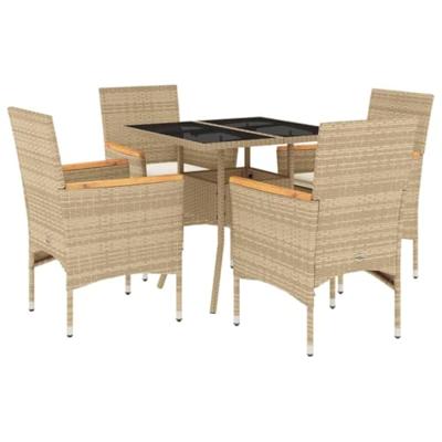 5-delige Tuinset met kussens poly rattan en glas beige