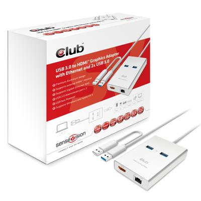 CLUB3D USB 3.0 to HDMITM Graphics + Ethernet + 2 x USB 3.0 grafische adapter (3.0 3.1 Gen 1), USB type A, mannelijk, 1.4a, 2048 x 1152 Pixel, 16/32 Bit)