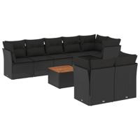 9-delige Loungeset met kussens poly rattan zwart - thumbnail