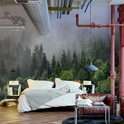 Fotobehang - Bomen in de mist, Bos, groen/grijs, Vinyl behang, 11 maten, Premium Print, inclusief behanglijm, eenvoudig aan te brengen - thumbnail
