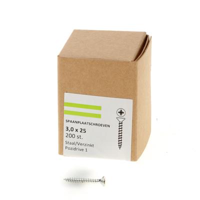Spaanplaatschroef verzinkt platkop pozidrive-1 3.0X25 voldraad (200) Spaanplaatschroef verzinkt platkop pozidrive-1 3.0X25 voldraad (200)