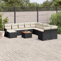 12-delige Loungeset met kussens poly rattan zwart - thumbnail