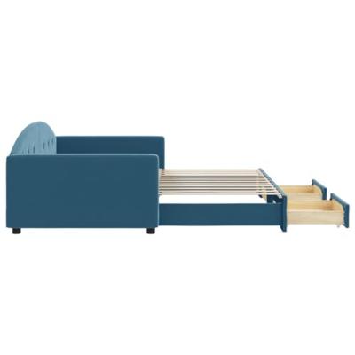 Slaapbank met onderschuifbed en lades 100x200 cm fluweel blauw