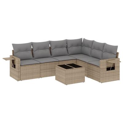 7-delige Loungeset met kussens poly rattan beige - thumbnail