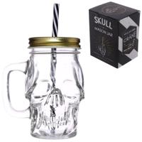 Schedelvormige Mason Jar Glazen Drinkbeker met rietje en dekel - thumbnail