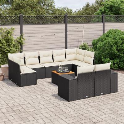 10-delige Loungeset met kussens poly rattan zwart
