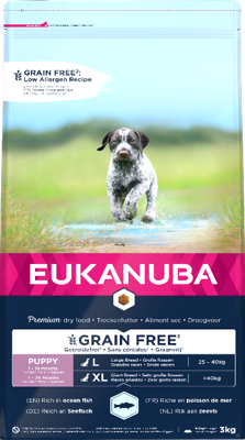 EUKANUBA Graanvrij* premium hondenvoer met zeevis voor grote rassen - droogvoer voor puppy honden, 3 kg