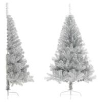 Kunstkerstboom half met standaard 150 cm PET zilverkleurig - thumbnail