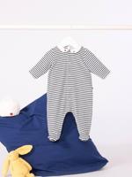Baby pyjama in fluweel / velours met PETIT BATEAU print op de kraag marineblauw - thumbnail