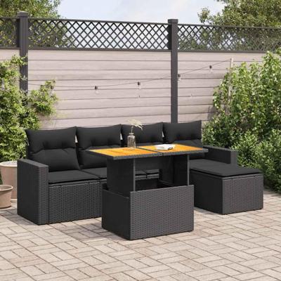 6-delige Loungeset met kussens poly rattan zwart