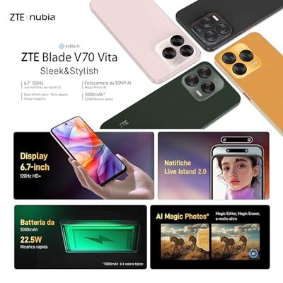 Smartphone ZTE Blade, V70 Vita, Stee, grijs, smartphone van 6,7 inch HD+ 120 Hz, 256 GB geheugen, 20 GB RAM (8 + 12 dynamische RAM), AI 50 MP-camera, Android 14, Fast Charge 22,5 W, NFC