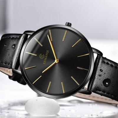 KEMANQI eenvoudige ultradunne waterdichte stalen mesh riem quartz horloge voor mannen (ultradunne zwarte shell zwarte wijzerplaat zwarte band)