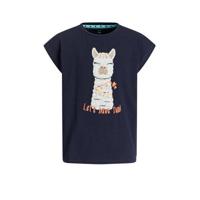 WE Fashion T-shirt met printopdruk en borduursels donkerblauw/wit/oranje - thumbnail