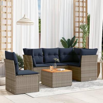 6-delige Loungeset met kussens poly rattan grijs