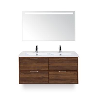 Porto Badmeubelset 120 cm - 4 laden Walnoot - Keramische Wastafel Wit Slim - met Sence Spiegel