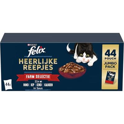 Felix Heerlijke Reepjes Farm Selectie met rund, kip, eend, kalkoen in saus natvoer kat (jumbopack) Per doos (44 x 80 g)