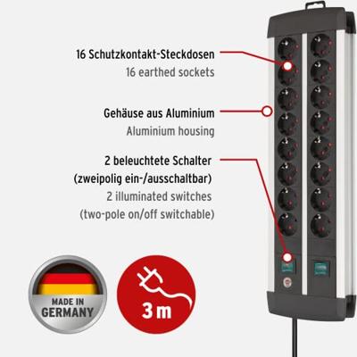 Brennenstuhl Premium-Alu-Line Techniek stekkerdoos 16-voudig Duo zwart 3m H05VV-F 3G1,5 de stopcontacten zijn schakelbaar per 8| afname per 2 -