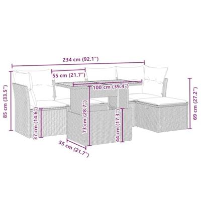 6-delige Loungeset met kussens poly rattan beige