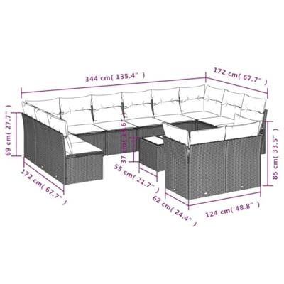 13-delige Loungeset met kussens poly rattan grijs
