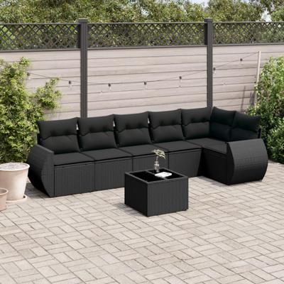 7-delige Loungeset met kussens poly rattan zwart