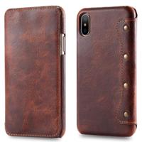 Olie Wax Top-graan koeienhuid horizontale Flip lederen case voor iPhone X/XS met kaartsleuven & portemonnee (bruin) - thumbnail