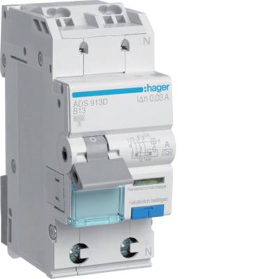 Hager ADS913D Aardlekschakelaar/zekeringautomaat 2-polig 13 A 0.03 A 240 V Hager ADS913D Aardlekschakelaar/zekeringautomaat 2-polig 13 A 0.03 A 240 V