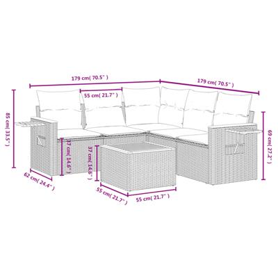 5-delige Loungeset met kussens poly rattan zwart