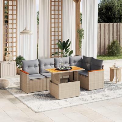 6-delige Loungeset met kussens poly rattan beige