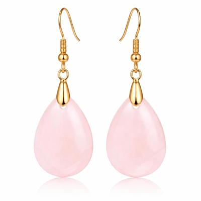 Goudkleurige Oorbellen voor Dames met Druppelvormige Roze Kwarts Hanger