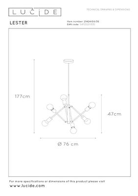 Lucide LESTER - Hanglamp - 6xE27 - Zwart