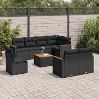 9-delige Loungeset met kussens poly rattan zwart - thumbnail