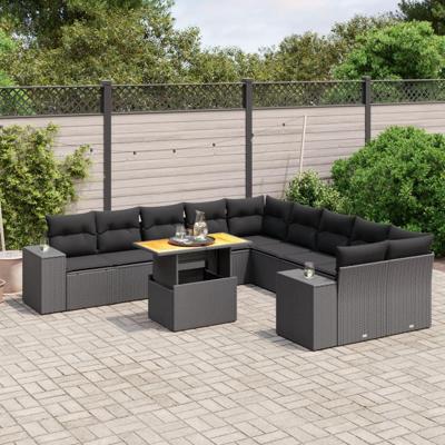 11-delige Loungeset met kussens poly rattan zwart