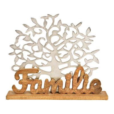 Opsteller boom met opschrift "Familie" op metalen sokkel, zilver (B/H/D) 51x42x10cm