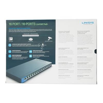 Linksys LGS116P-EU 16-poorts onbeheerde Gigabit-netwerkswitch met acht-PoE+-poorten - Tot 1000 Mbps voor bedrijven, thuis, kantoor, IP-beveiliging - Desktop-Ethernet-splitter