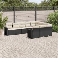 10-delige Loungeset met kussens poly rattan zwart - thumbnail