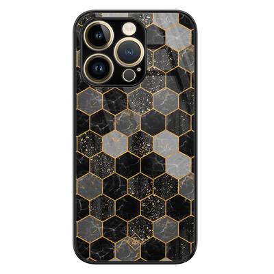 iPhone 14 Pro Max glazen hardcase - Hexagons zwart iPhone 14 Pro Max glazen hardcase - Hexagons zwart