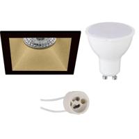 LED Inbouwspot Set GU10 - Vierkant Mat Zwart/Goud - 8W Warm Wit 3000K - 82mm - thumbnail