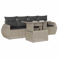 5-delige Loungeset met kussens poly rattan lichtgrijs - thumbnail
