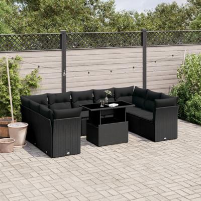 10-delige Loungeset met kussens poly rattan zwart - thumbnail