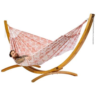 Familie hangmat met houten standaard - 400x180cm - Roze - 200kg draagkracht- 100% katoen - binnen & buiten