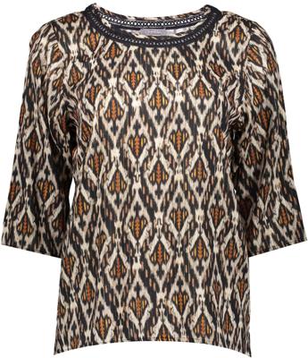 Geisha top met contrastbies bruin/oranje