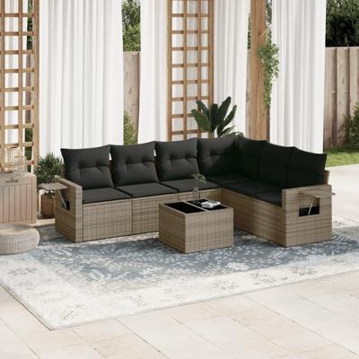 7-delige Loungeset met kussens poly rattan grijs - thumbnail