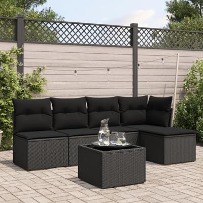 6-delige Loungeset met kussens poly rattan zwart - thumbnail