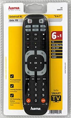 Hama 00040074 IR Draadloos Druk op de knoppen Zwarte Afstandsbediening - Afstandsbediening (DVD/Blu-ray, STB, TV, VCR, IR Draadloos, Druk op de knoppen, Zwart)