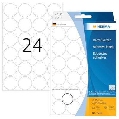 Etiket HERMA 2260 rond 25mm wit 768stuks Etiket HERMA 2260 rond 25mm wit 768stuks