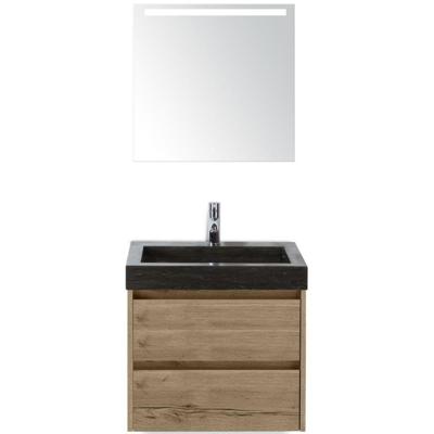 Dante Badmeubelset 60 cm - Natuur Eiken - Wastafel Hardsteen Wit Lucca met Sence Spiegel