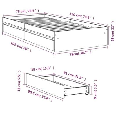 Bedframe met lades bewerkt hout zwart 75x190 cm